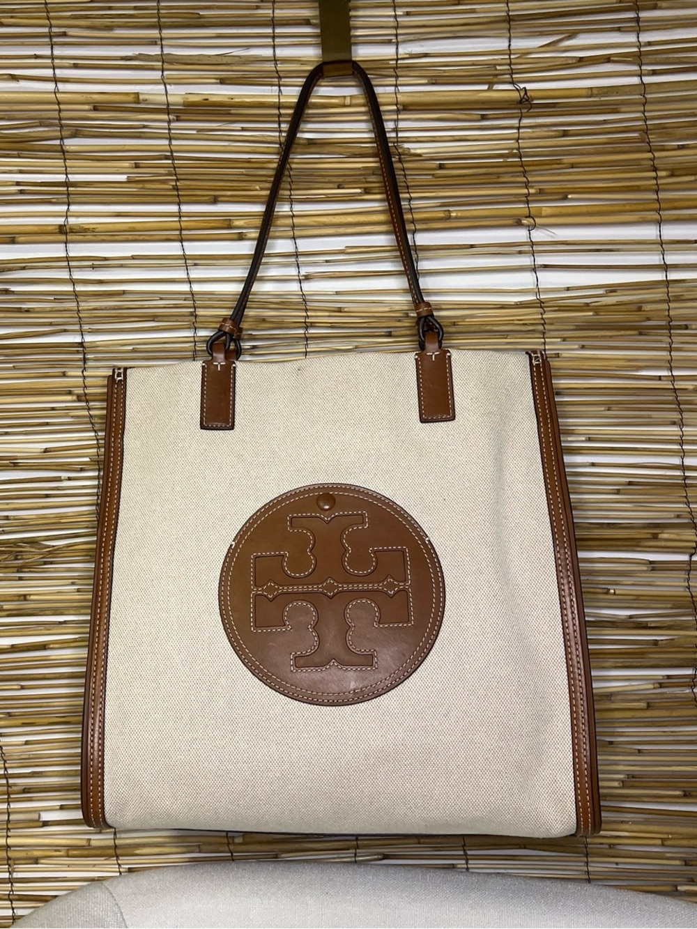 Tory Burch Cream Canvas Tote with Tan Leather Logo and Trim